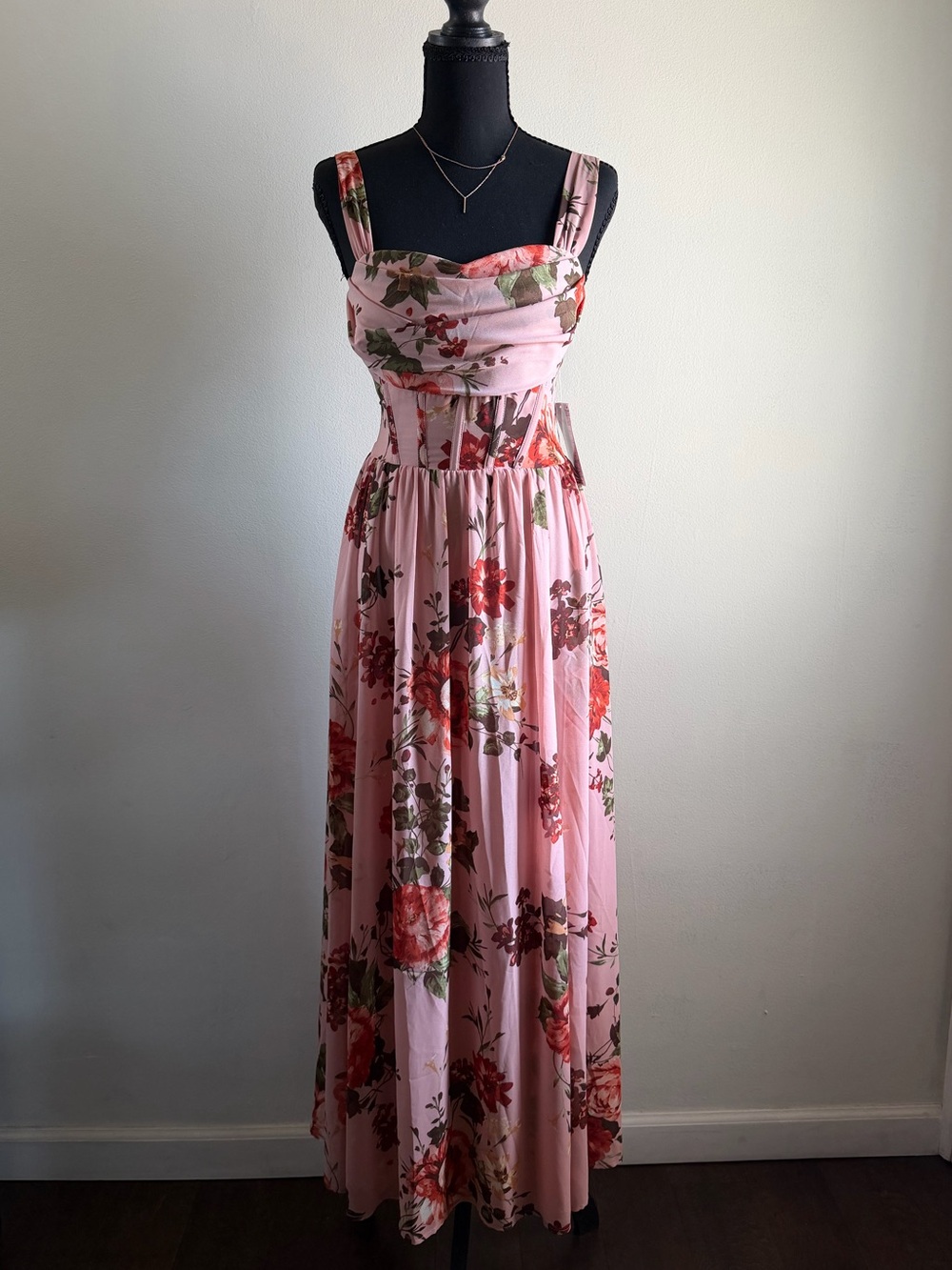 Floral Pink Maxi Dress with Sweetheart Neckline